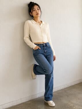 LR4601 Hollister Cropped Rib Knit Cardigan Sweater Cream Button Front Small